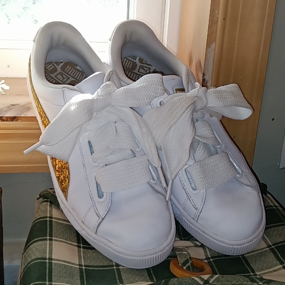 Clean! Leather PUMA Gold Glitter Women's Size 8.5 Sneakers Shoes - Picture 5 of 7